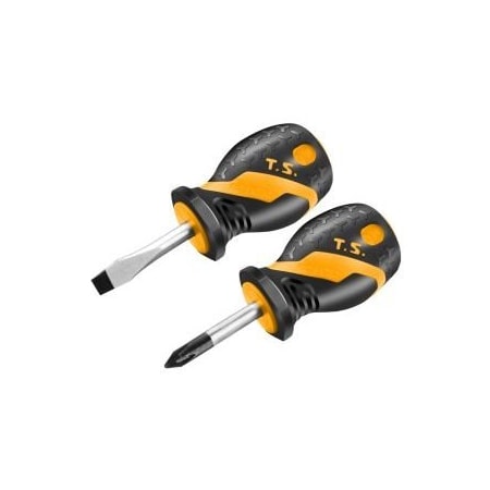 Tolsen 2pc Stubby Screwdriver Set Cr-V, Chrome Plated, Satin Finish, Black Finish Magnetic Tip 20181